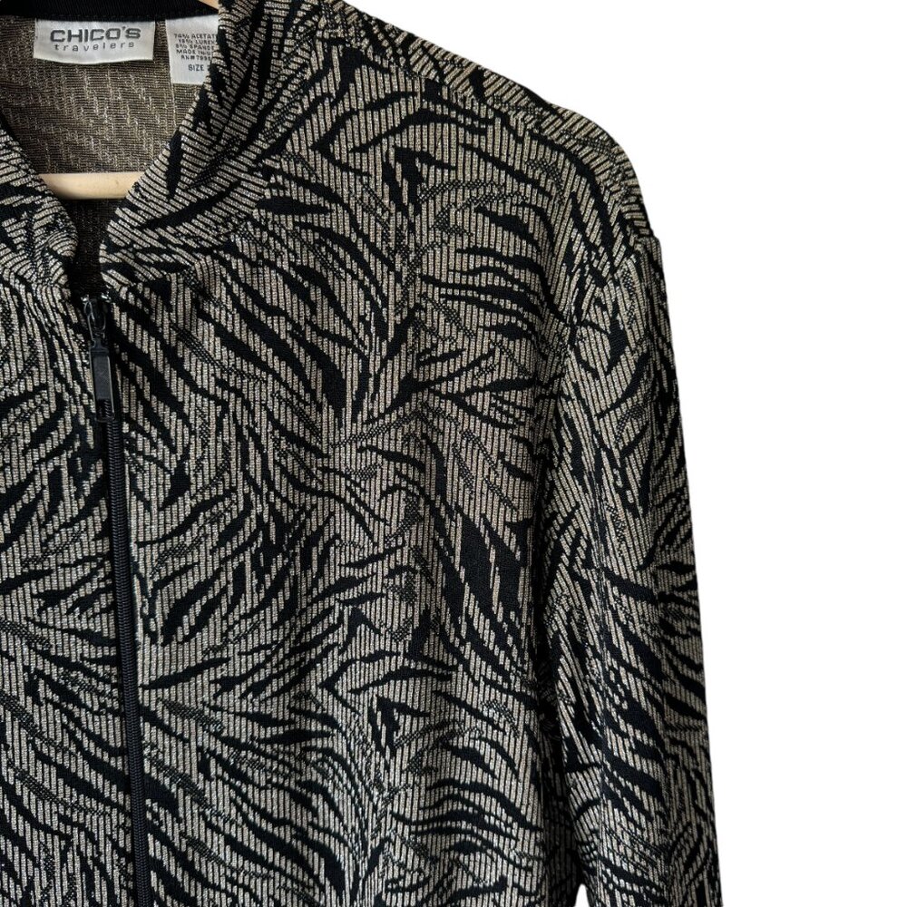 Chico's Travelers Sz 2/US Lg Long Sleeve Zip Up Cardigan Leaf Metallic Pockets - Picture 6 of 16